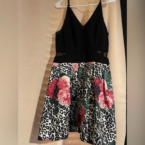 Prom / party dress black with leopard prints and flowers.